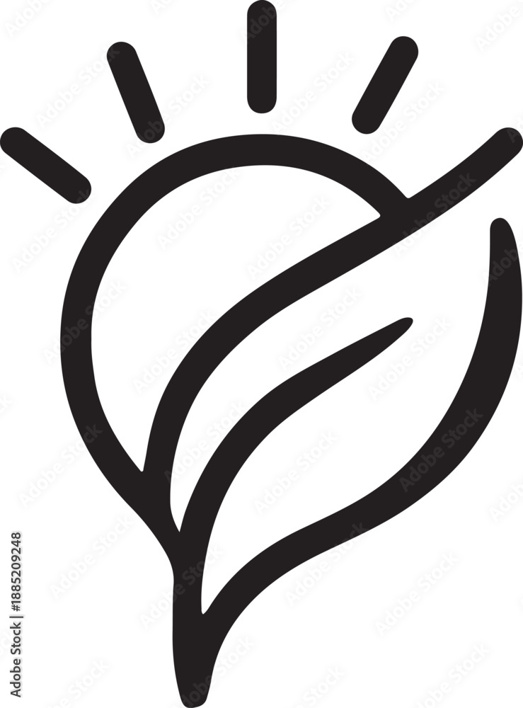Obraz premium Sun and leaf merged into one continuous abstract mark, clean silhouette expressing natural harmony.