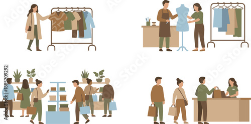 Retail shopping illustration set, people buying clothes with assistants at fashion stores, customer service scenes isolated on white background vector