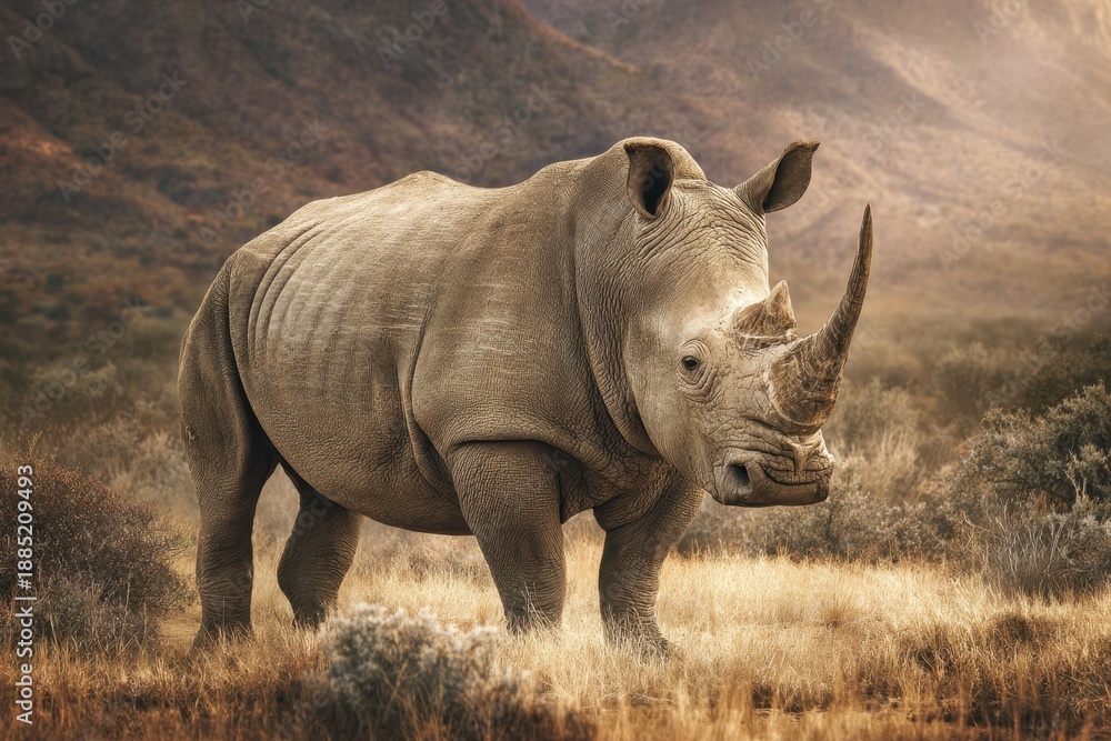 Obraz premium Majestic rhino stands boldly in the dry savannah landscape under warm golden light during late afternoon hours