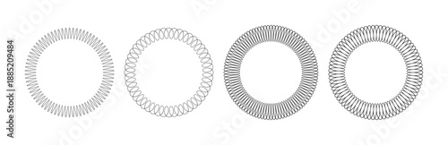Spiral spring circle set. Metal wire coil spring icon collection. Thin zigzag waves symbol. Flexible coil shapes. Loop line pattern. Vector illustration isolated on white background. 