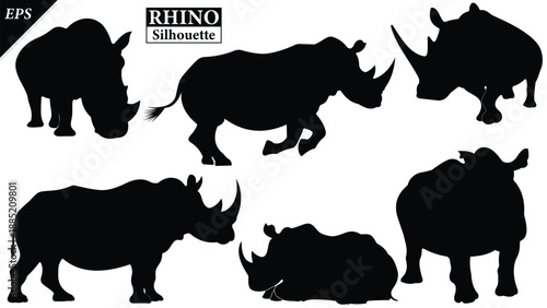set of Black silhouette of rhinoceros isolated on white background, Beautiful rhinoceros logo icon vector design, standing, rhino silhouette vector illustration, vector. Black rhino Silhouette logo 