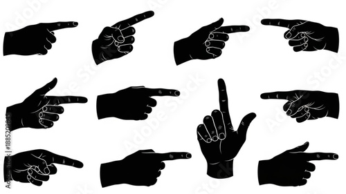 Collection of Black Silhouette Hand Gestures Pointing Direction.