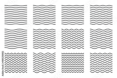 Waves line set. Wave ornament pattern. Set of wavy zigzag lines. Wave thin line background. Set of various black wavy and zigzag lines, patterns.