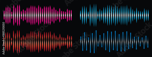 Set of colorful neon sound waves and audio spectrum equalizer bars on black background.