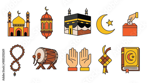Islamic symbols and elements including mosque kaaba prayer beads drum hands in prayer quran and crescent moon flat design style cultural and religious concept