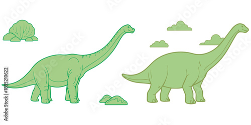 Two long neck sauropod dinosaurs with rocks and clouds on white background