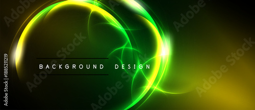 Abstract neon lights form circular shapes. Dark background enhances vibrant green, yellow glow. Modern design element.