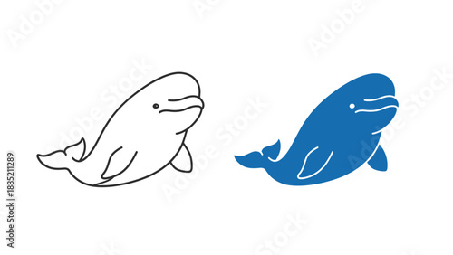 Two simple cartoon beluga whale icons are displayed side by side one in a black outline and the other filled solid bright blue illustrating contrasting design options for marine life graphics