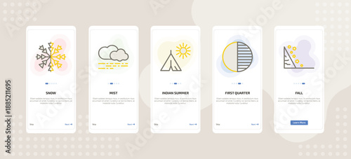 onboarding screen template for weather mobile app ui with snow, mist, indian summer, first quarter, fall icons.