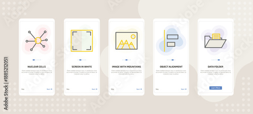onboarding screen template for UI elements mobile app ui with nuclear cells, screen in white, image with mountains, object alignment, data folder icons.