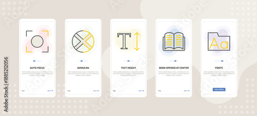 onboarding screen template for UI elements mobile app ui with auto focus, jamaican, text height, book opened at center, fonts icons.