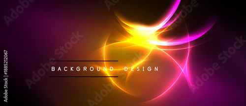 Bright abstract design features glowing curves, vibrant colors. Dark background emphasizes central yellow light source, text below.