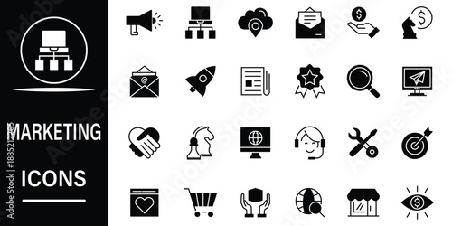 Marketing icon set, trendy minimal silhouette icons. Communication, advertising, digital, technology, business and more concept. Vector illustration.