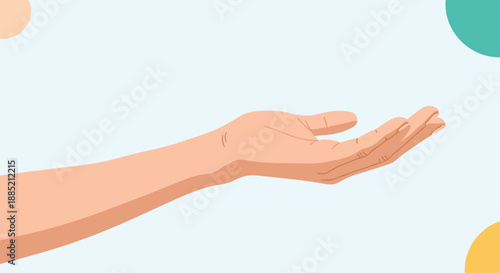 Human hand reaching out with palm facing upwards against a soft blue background featuring minimal abstract shapes and warm tones.