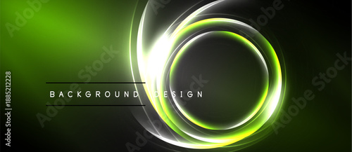 Abstract neon circles over dark background. Green, white glow creates dynamic visual effect. Text reads background design.