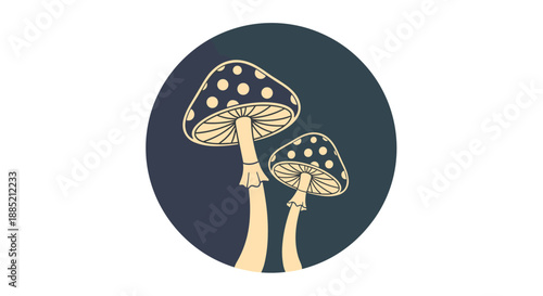 Pair of stylized mushrooms with white polka dots on beige caps set against a dark circular background for a nature inspired design.
