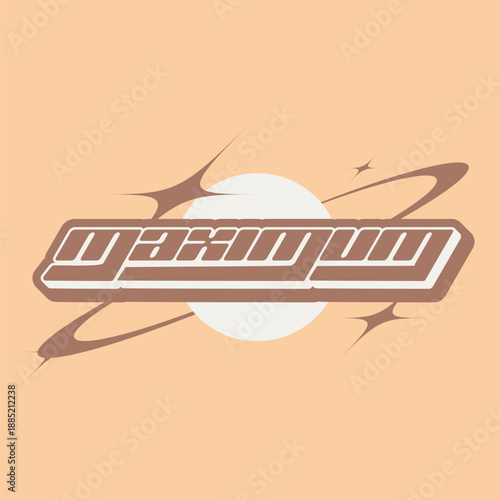 Y2K Flat Style Futuristic Typography art of 'Maximum' with Orbit Space Glitters in Brown and White Circle, Yellow Backdrop