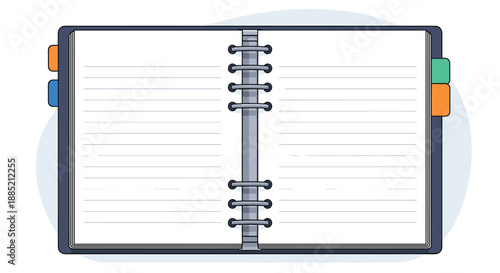 Open spiral bound personal organizer with blank lined paper and colorful index tabs for planning, scheduling, and efficient organization.