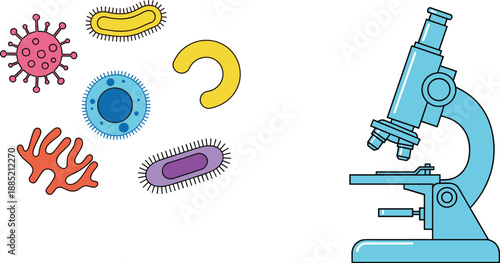 Microbiology illustration with bacteria virus microbes and laboratory microscope science and medical research concept