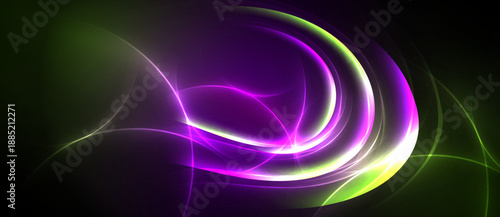 Abstract swirls, vibrant purple, green hues dominate. Light streaks create dynamic energy, flowing forms. Dark background enhances luminosity.