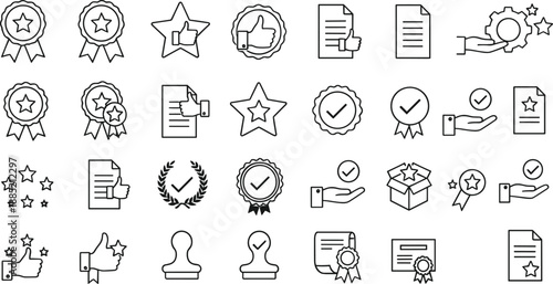 Approval and verification outline icons set with checkmarks documents badges stars and quality assurance symbols