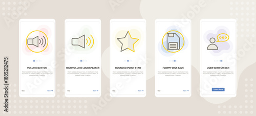 onboarding screen template for UI elements mobile app ui with volume button, high volume loudspeaker, rounded point star, floppy disk save button, user with speech bubble icons.