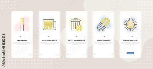 onboarding screen template for UI elements mobile app ui with vertical bar, folded newspaper, delete round button, shaped paper clip, loading indicator icons.