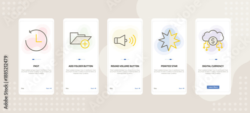 onboarding screen template for UI elements mobile app ui with past, add folder button, round volume button, pointed star, digital currency icons.