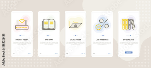 onboarding screen template for UI elements mobile app ui with internet modem, open diary, unlock folder, less percentage, office folders icons.