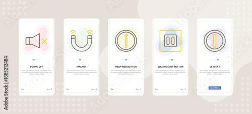 onboarding screen template for UI elements mobile app ui with sound off, magnet, help web button, square stop button, letter i icons.