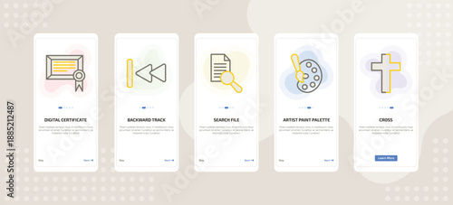 onboarding screen template for UI elements mobile app ui with digital certificate, backward track, search file, artist paint palette, cross icons.