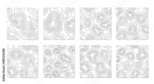 Set of eight different topographic map contour line patterns in square frames, representing landscape elevation and terrain mapping.