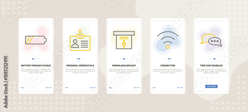 onboarding screen template for UI elements mobile app ui with battery medium charge, personal credentials, download archive, connection, two chat bubbles icons.