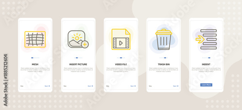 onboarding screen template for UI elements mobile app ui with mesh, insert picture, video file, trash bin, indent icons.