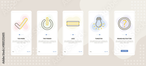 onboarding screen template for UI elements mobile app ui with tick mark, tiny power, lace, tungsten, round help button icons.