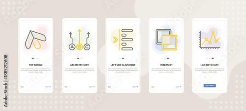 onboarding screen template for UI elements mobile app ui with top arrow, abc item chart, left side alignment, intersect, line dot chart icons.