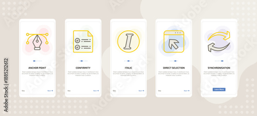 onboarding screen template for UI elements mobile app ui with anchor point, confirmity, italic, direct selection, synchronisation icons.
