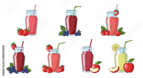 Selection of six different fruit smoothies in glass bottles with straws and fresh ingredients like strawberries, blueberries, and apples.