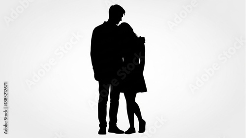 Silhouette of a loving couple embracing against a white background.