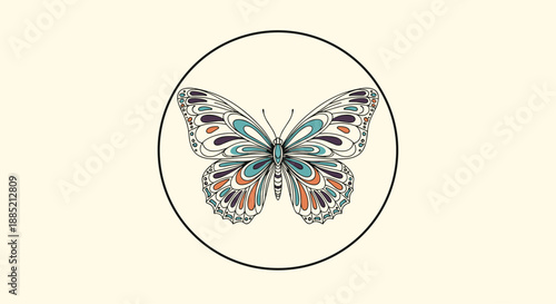 Exquisite butterfly illustration with intricate wing patterns is centered within a circular black frame on a cream background.