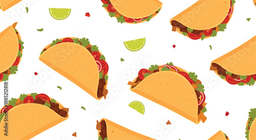 Delicious looking seamless pattern features traditional Mexican tacos with meat and veggies accompanied by fresh lime wedges.