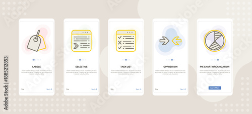 onboarding screen template for UI elements mobile app ui with labels, selective, task list, opposition, pie chart organization icons.