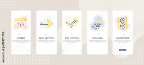 onboarding screen template for UI elements mobile app ui with data coding, curved right arrow, check mark arrow, swirly arrow, elevator arrows icons.