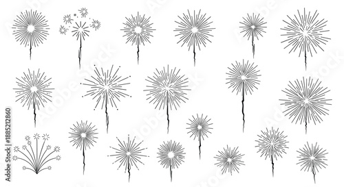 Large collection of minimalist line-drawn dandelion or firework graphics offers a variety of styles for delicate floral designs.