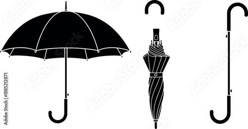 Set of black umbrella silhouettes in open closed and folded positions isolated on white background for weather and fashion design