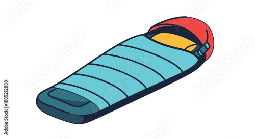 Comfy blue sleeping bag with a red hood and warm yellow interior is illustrated in a simple flat style for camping themes.