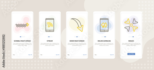 onboarding screen template for UI elements mobile app ui with scribble right arrow, stream, down right arrow, online gambling, reduce icons.