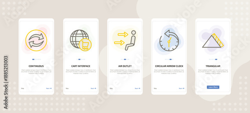 onboarding screen template for UI elements mobile app ui with continuous, cart interface, air outlet, circular arrow clock, triangular icons.