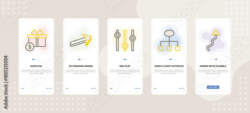 onboarding screen template for UI elements mobile app ui with incentive, 3d forward arrow, box plot, simple chart interface, arrow with scribble icons.