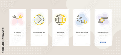 onboarding screen template for UI elements mobile app ui with bifurcation, movie play button, worldgrid, sketch loop arrow, right loop arrow icons.